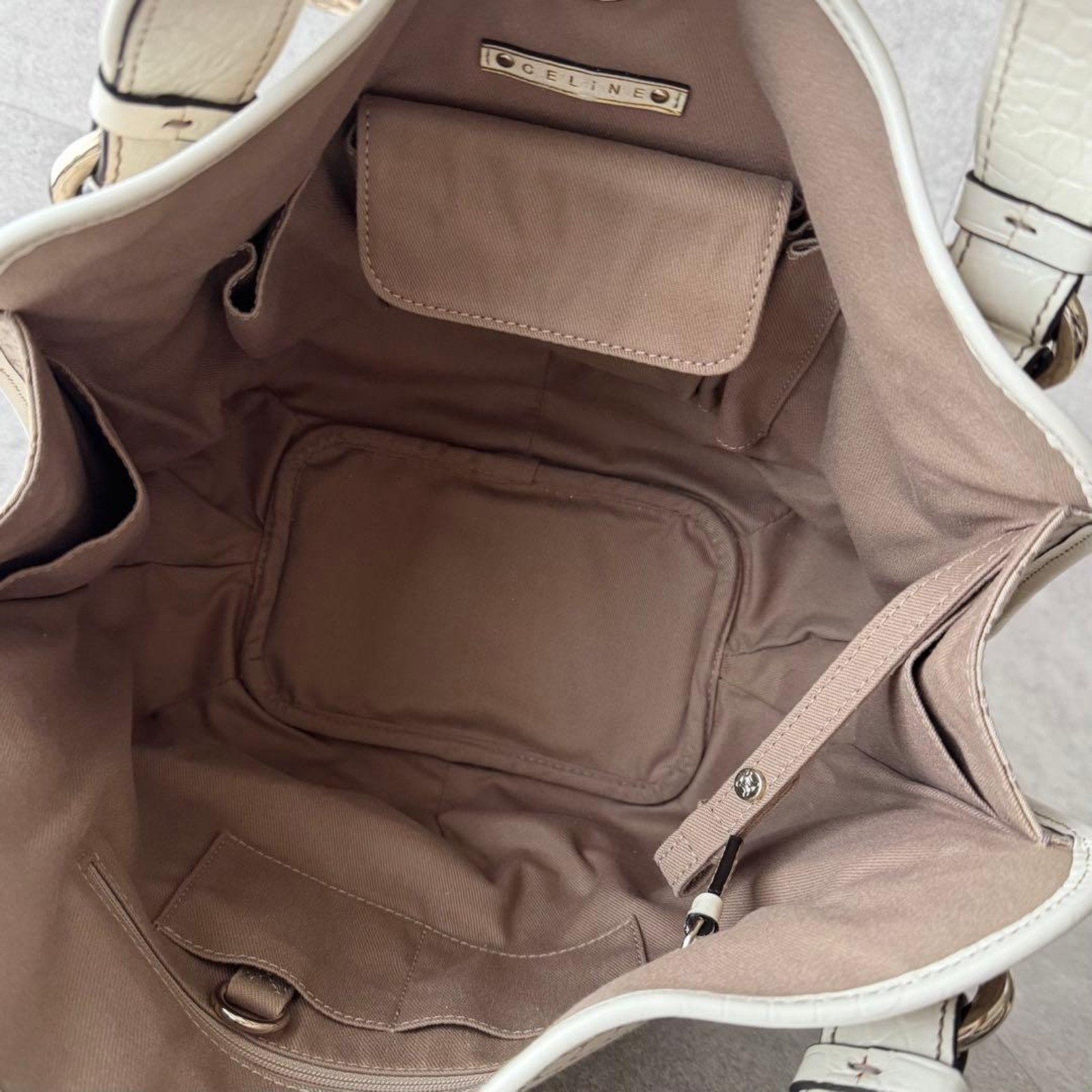 CELINE Bittersweet Tote Bag Macadam Canvas Croc Embossed Leather Ivory Beige
