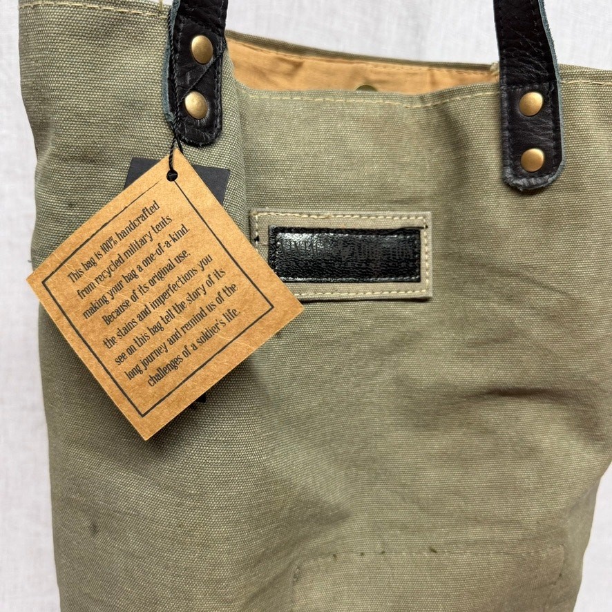 NWT Vintage Addiction Upcycled Military Tent Canvas Bag Leather Trim