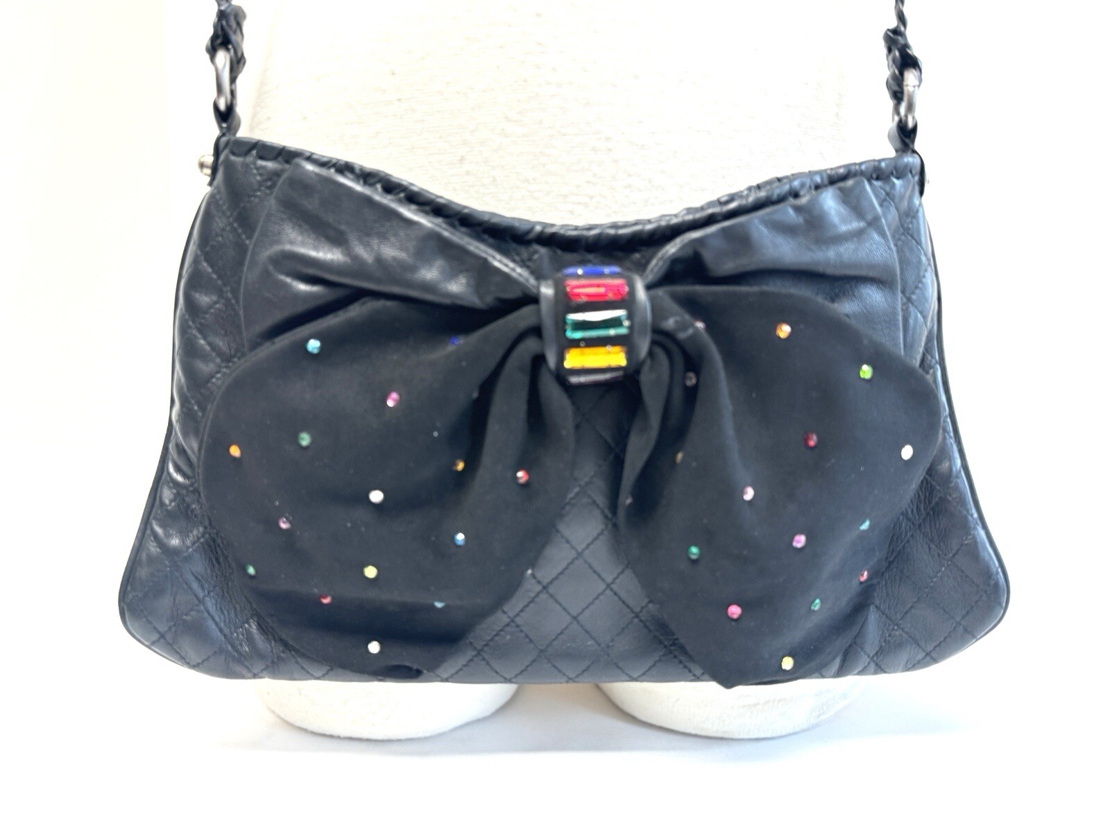Vintage Anthony Luciano Crossbody Handbag Purse Black Leather Rhinestone Bow