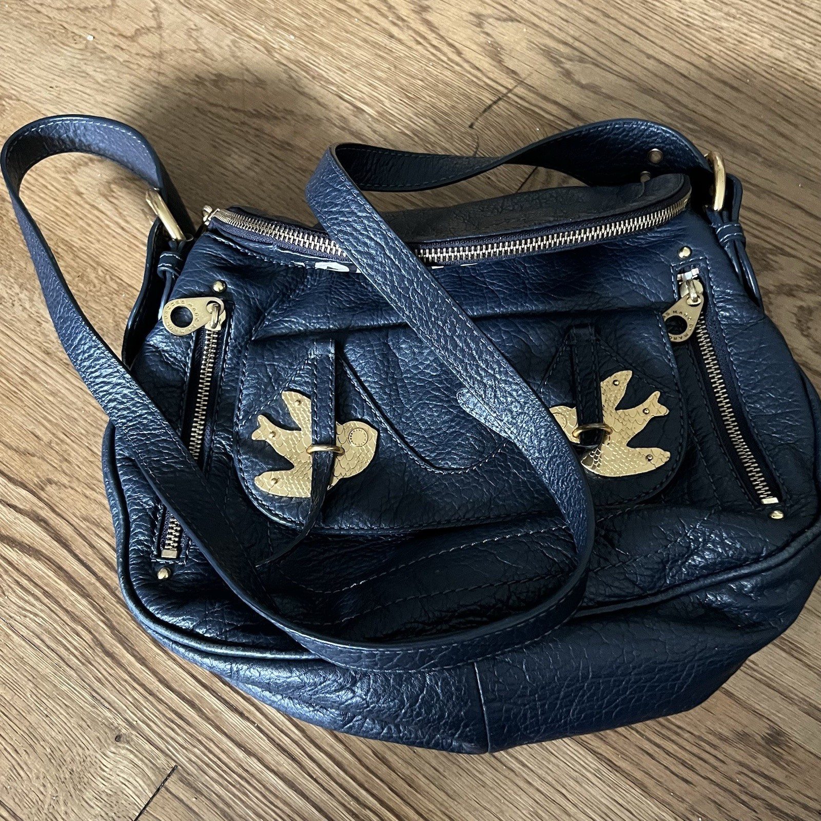 Marc Jacob’s Petal To The Metal Natasha Bird Navy Blue Leather Shoulder Bag