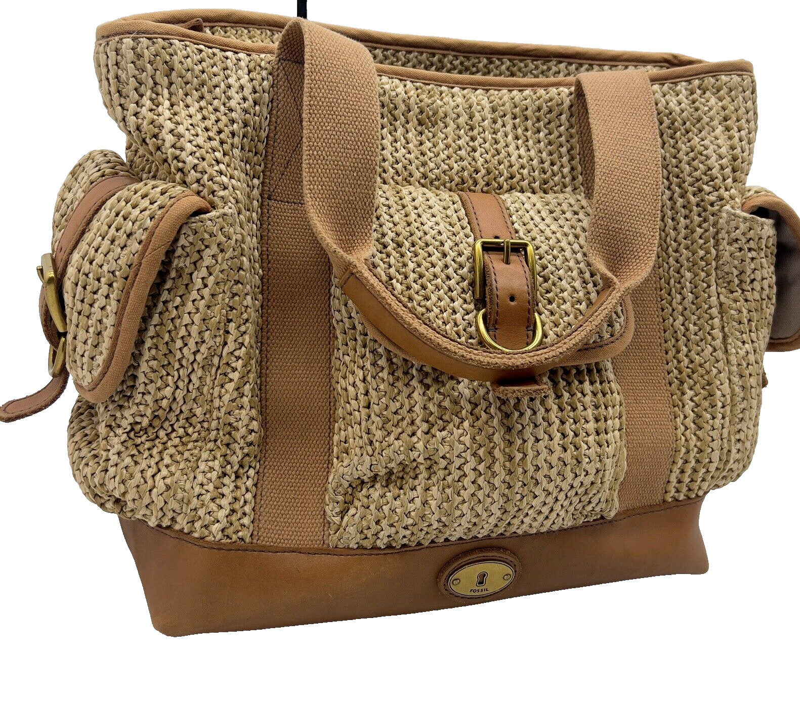 Fossil Handbag Large Weekend Raffia Natural Tote Bag Tan Leather Trim