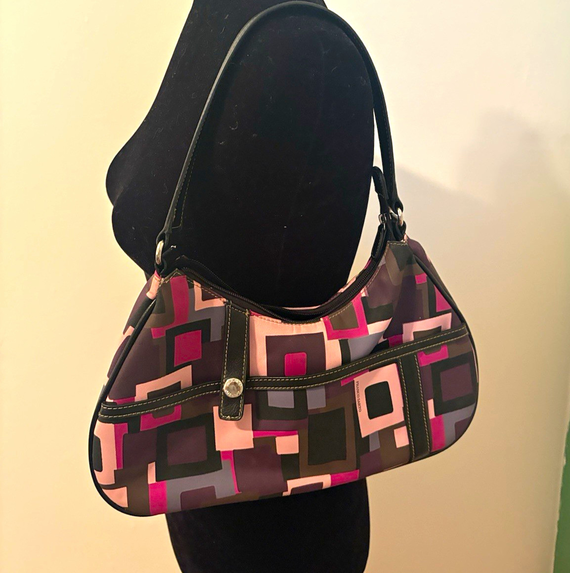 Franco Sarto Geometric Multicolor Zip Shoulder Bag w/ Black Strap Silver HW Y2K