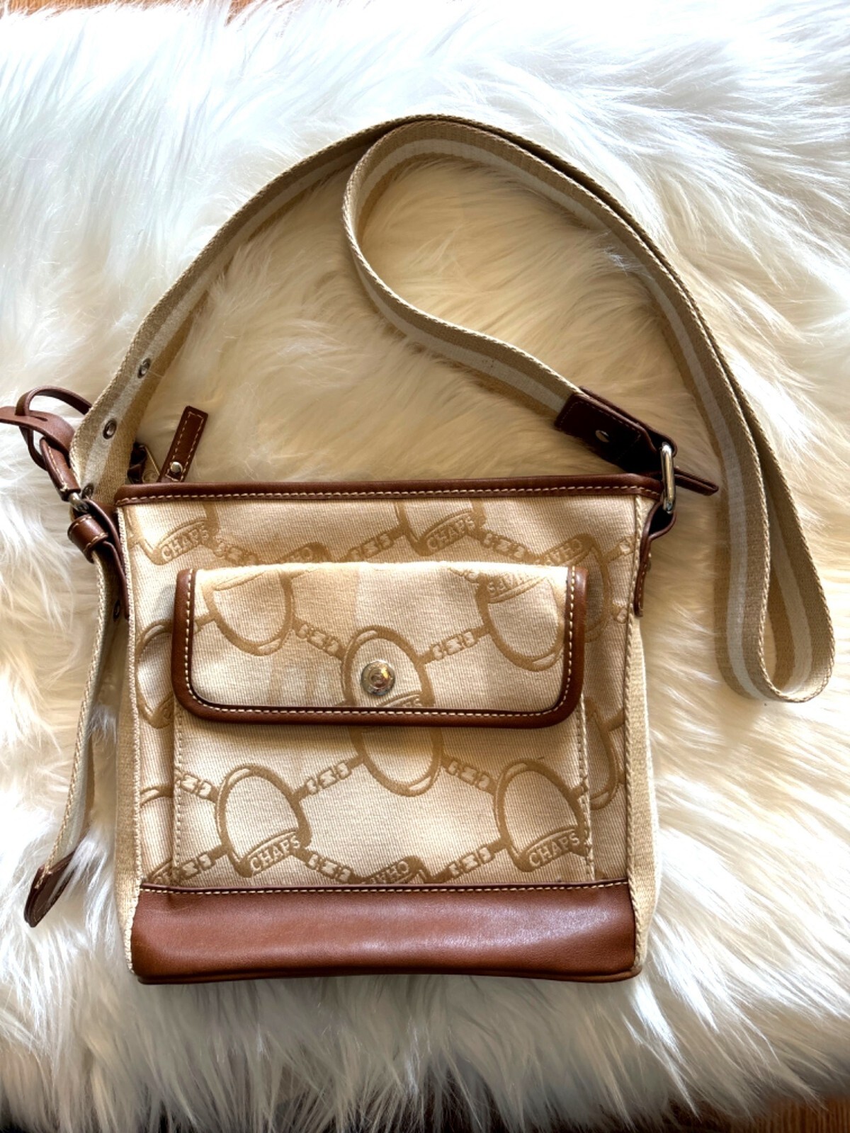 Chaps Beige & Brown Crossbody Bag With Adjustable Strap Travel Work Handbag 30”