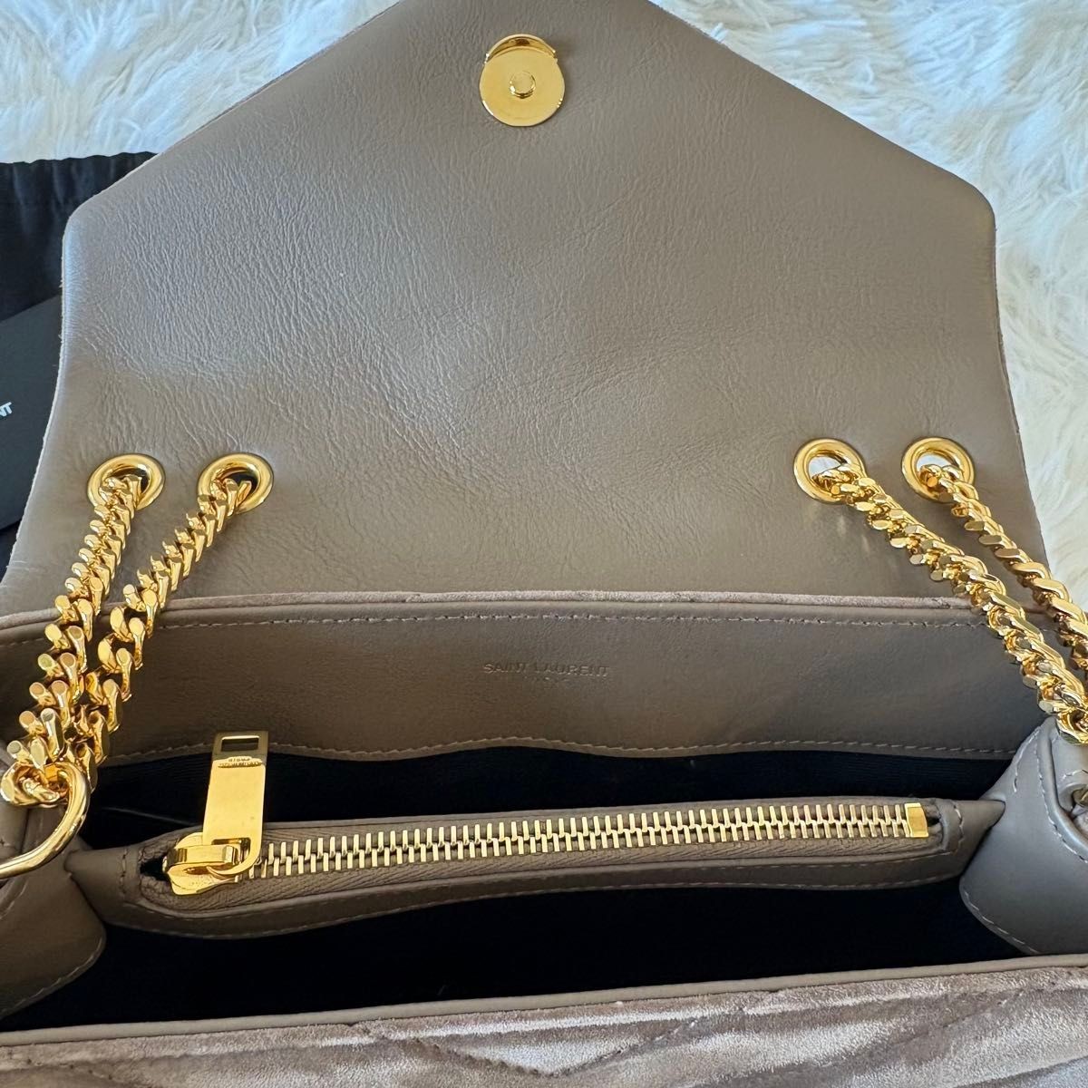 SAINT LAURENT LOULOU Suede Beige Gray Shoulder Small Chain Bag