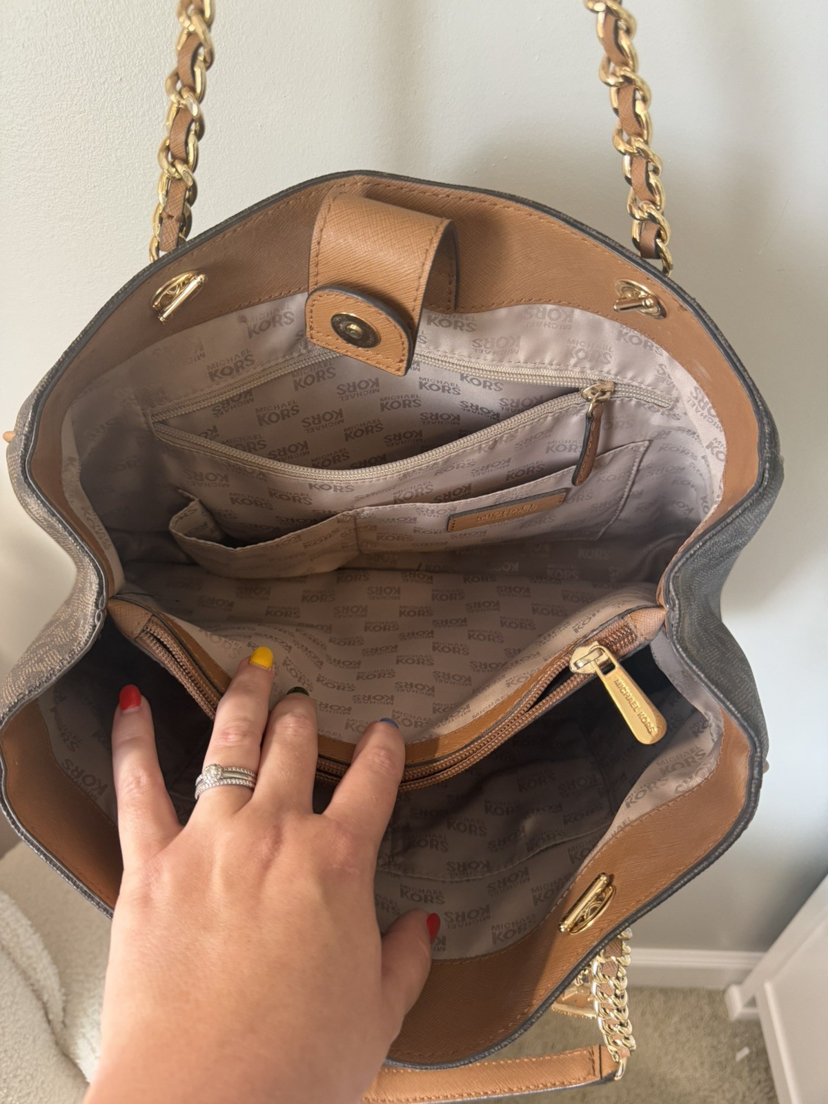 Michael Kors Monogram Tote Bag Brown Chain Gold Hardware Charm Multi Pocket