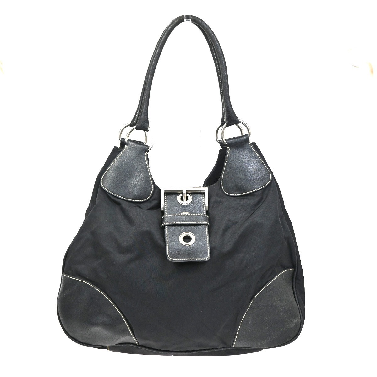 PRADA MILANO Logo Tessuto Shoulder Hobo Bag Nylon Leather Black 65KC491