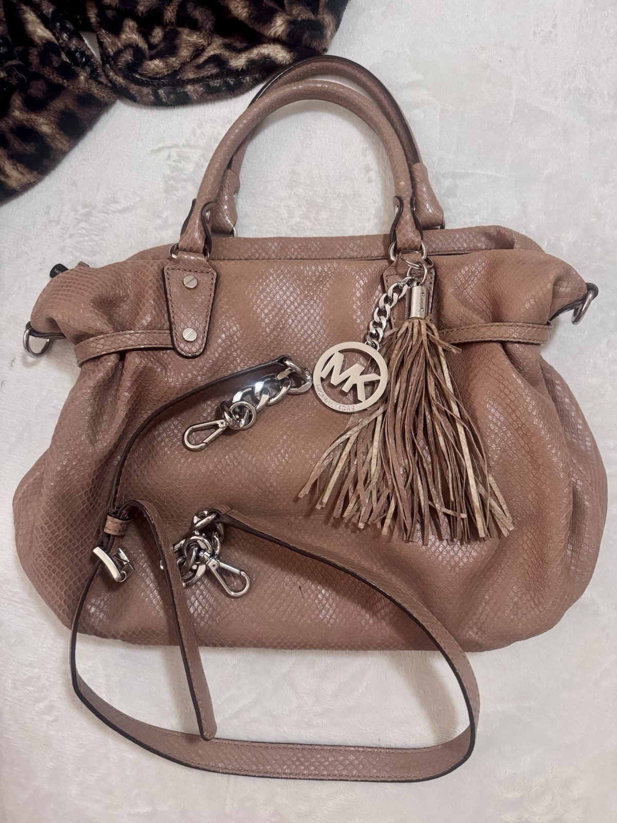 Michael Kors Brown Pebbled Leather Megan Crossbody Bag Tassel Purse Handles