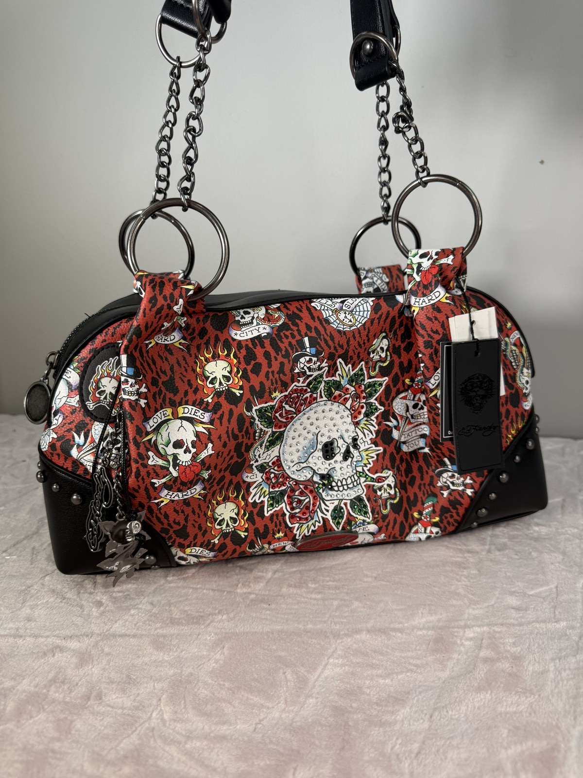 Ed Hardy Red Leopard Tattoo Print Shoulder Bag