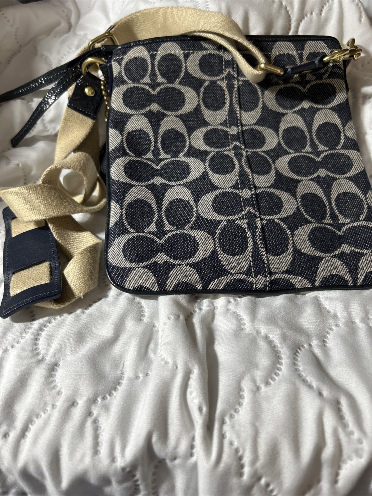 Coach Signature Slim Canvas Tan/Navy CrossbodyHorse & Carriage Embossed Logo BE