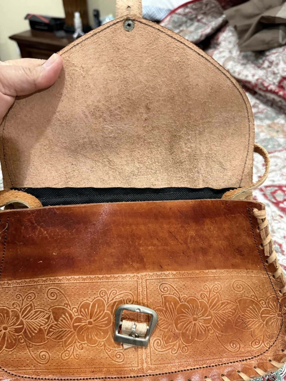 Brown Tooled Floral Western Shoulder Bag Small Buckle Flap Strap Inner Pockets
