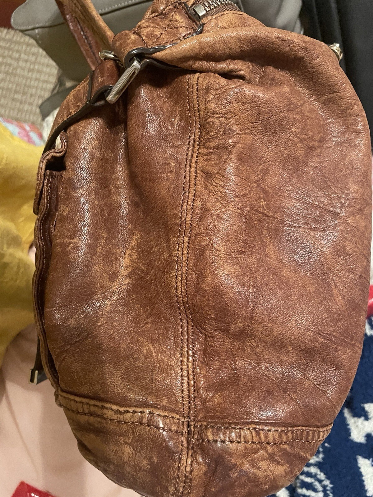 Michael Kors Brown Distressed Shoulder Bag, Zip, Buckle/Logo, Charm, Pockets