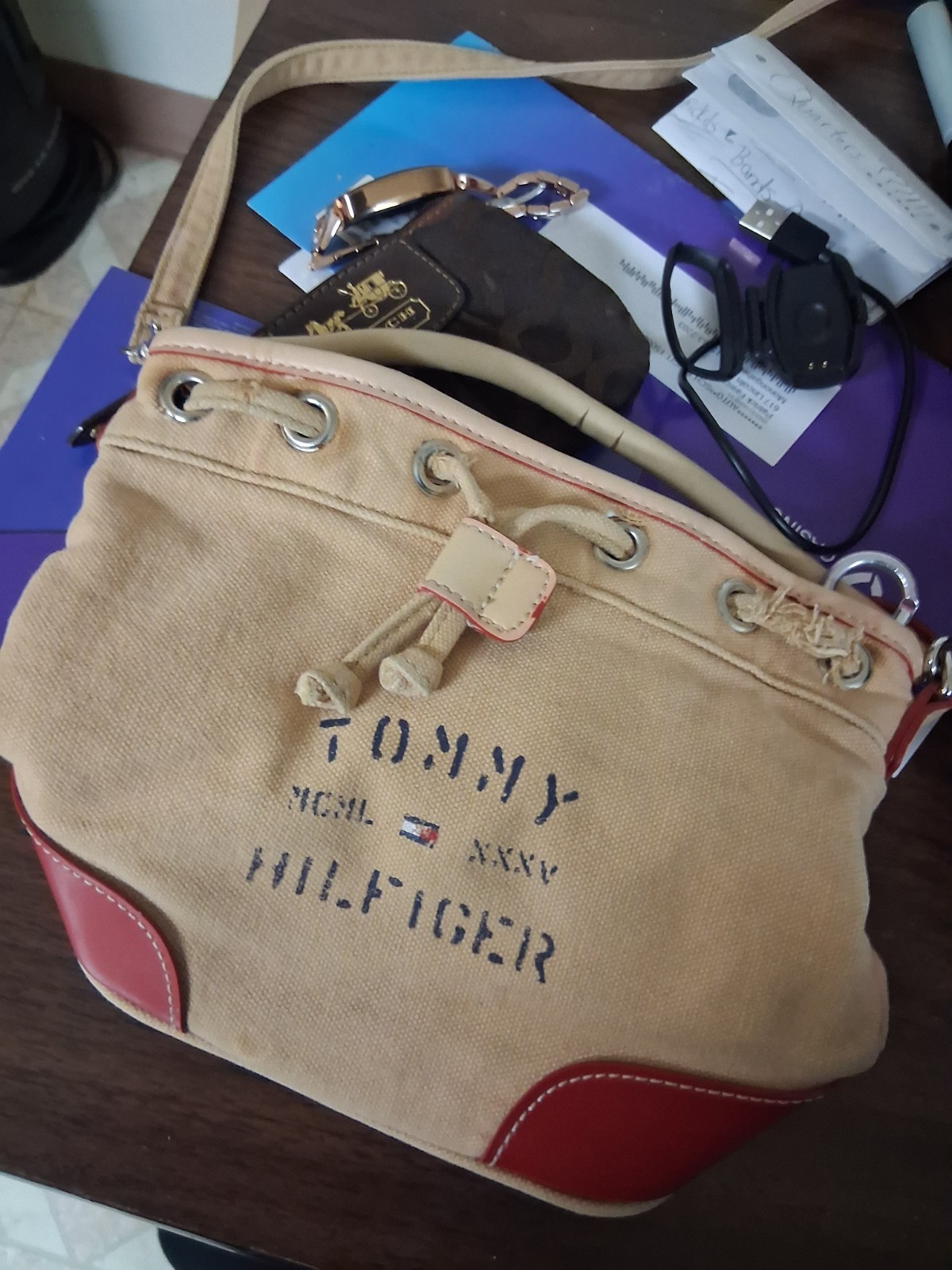 Tommy Hilfiger Beige/Red Logo Drawstring Crossbody Bag Detachable Strap