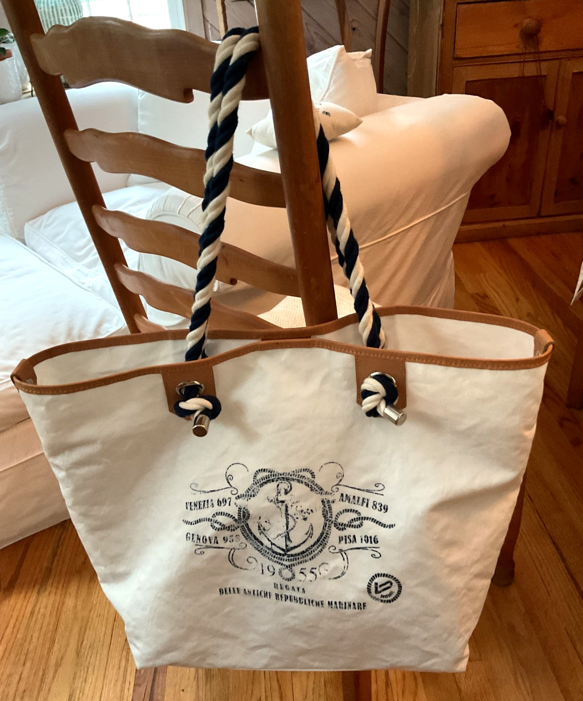 Bonfanti,Italy “Regatta Bag. White Nylon/ leather Trim and Cotton Rope Handles.