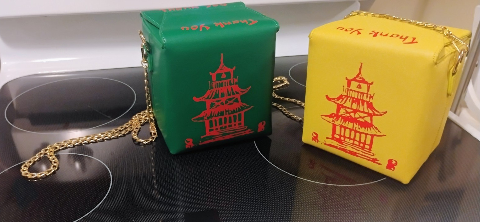 Chinese Takeout Box Novelty Mini Crossbody Purse Green Yellow Gold Chain Mag