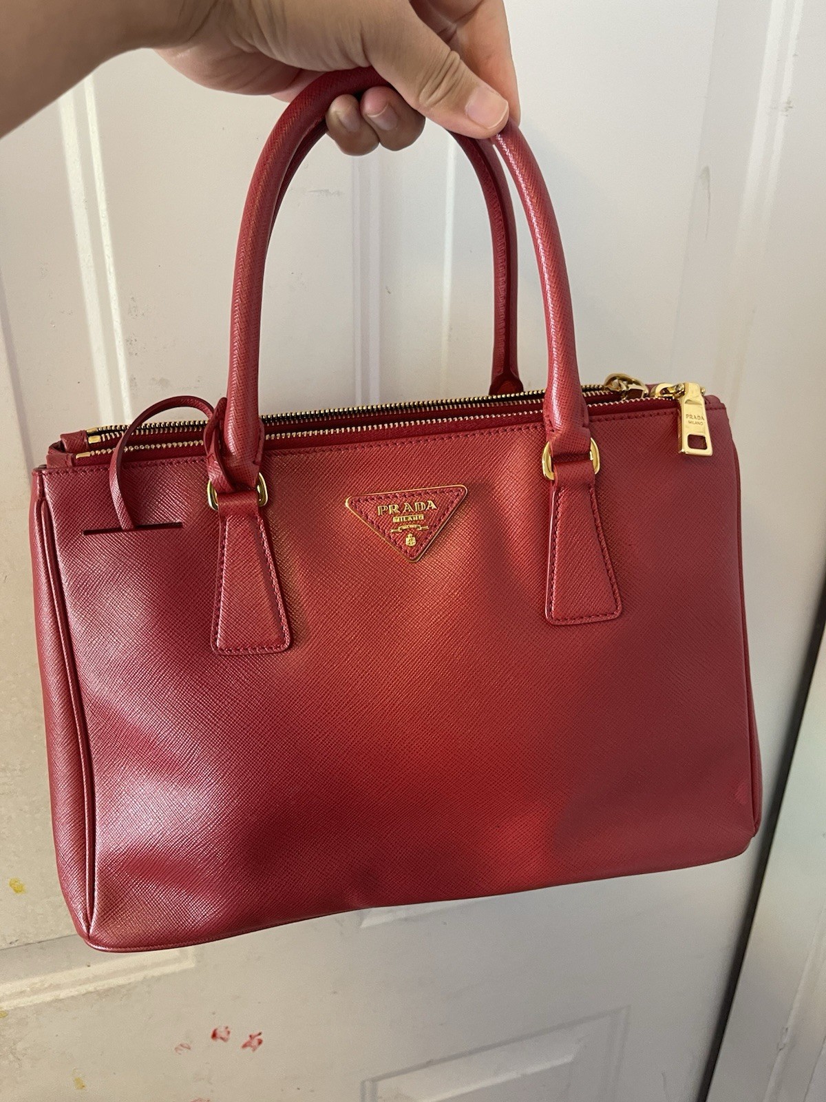 AUTHENTIC PRADA Galleria Red Saffiano Leather Tote Bag Authentic Gold Hardware