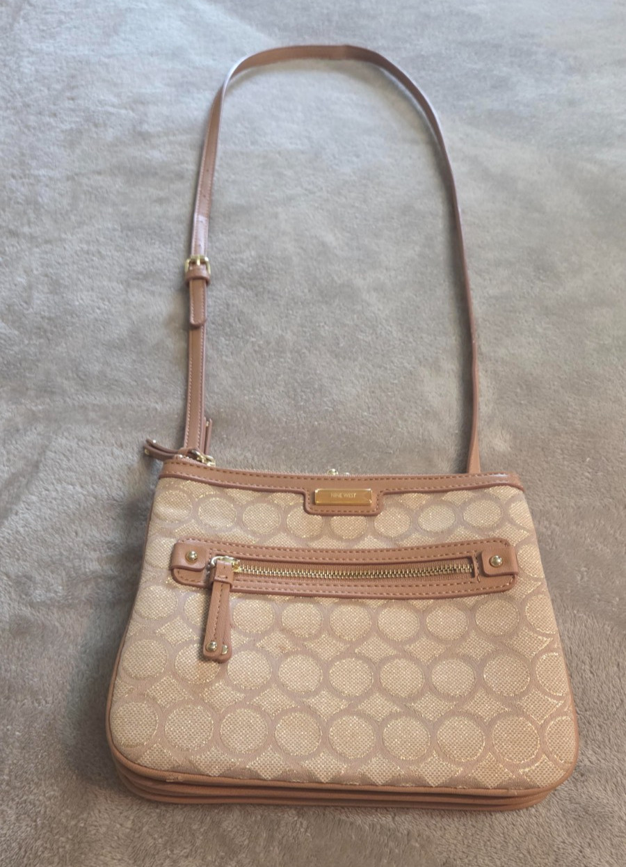 Nine West Tan Beige Logo Jacquard Crossbody Shoulder Purse Handbag Adjustable St