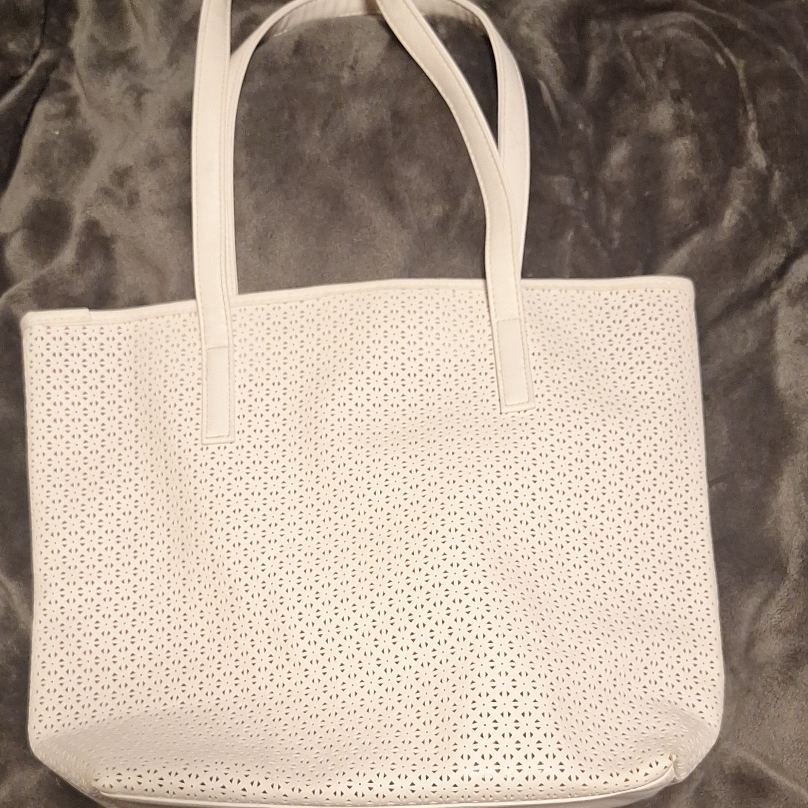 Women’s White Perforated Cut-Out Tote Bag Double Handles Pink Lining Magnetic
