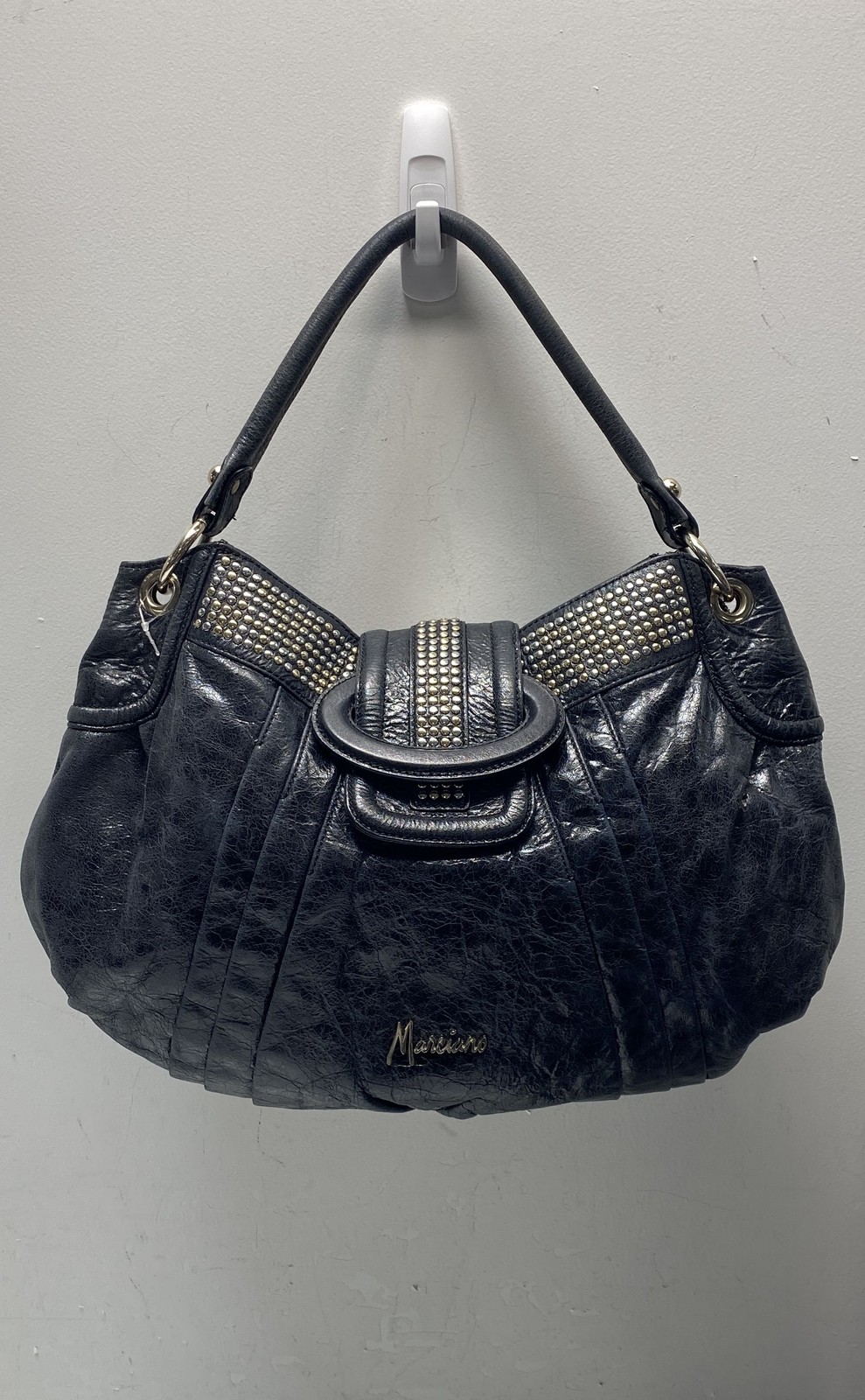 Marciano Black Distressed Leather Studded Hobo Shoulder Bag Gold Hardware