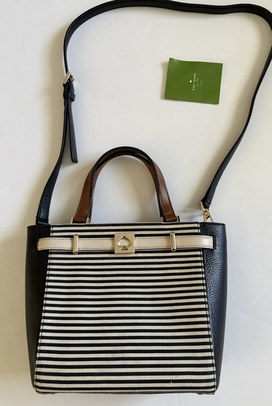 KATE SPADE Leo Houston Street Crossbody Black Cream Striped Tote Handbag