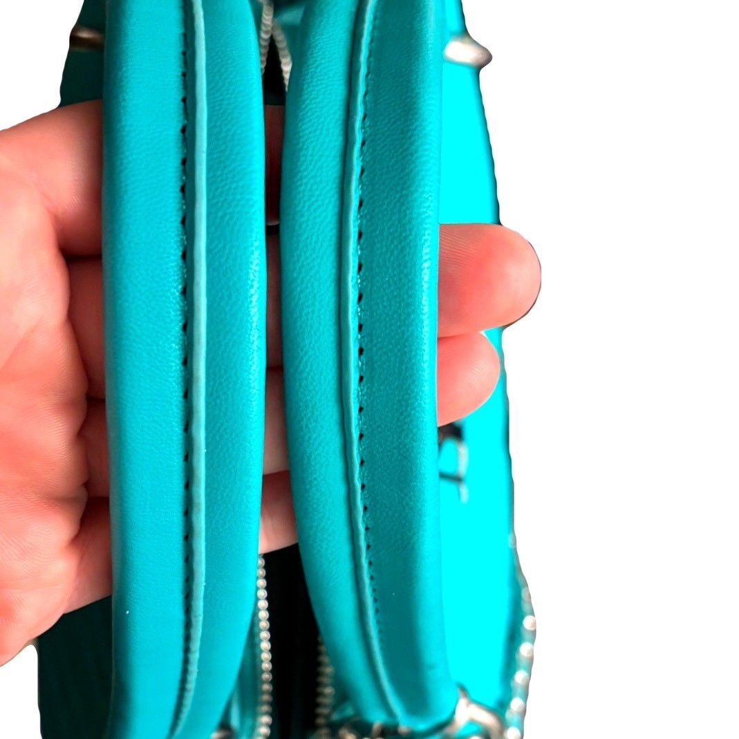 Badgley Mischka Teal Blue Chevron Quilted Tote Bag Silver Chain Strap BM Logo