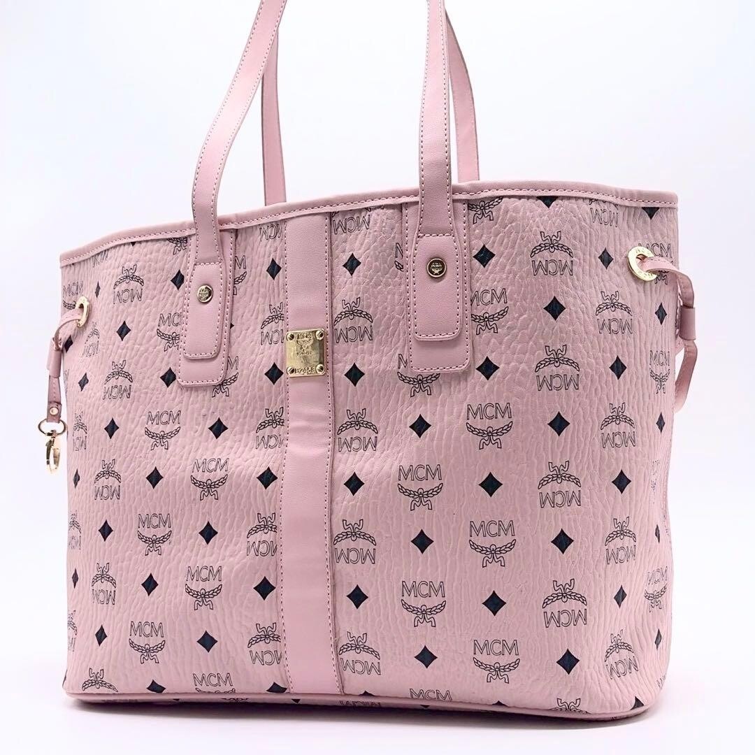 MCM Pink Leather Studded Tote Bag Shopper A4 Large Logo Print Gold Hardware 1361