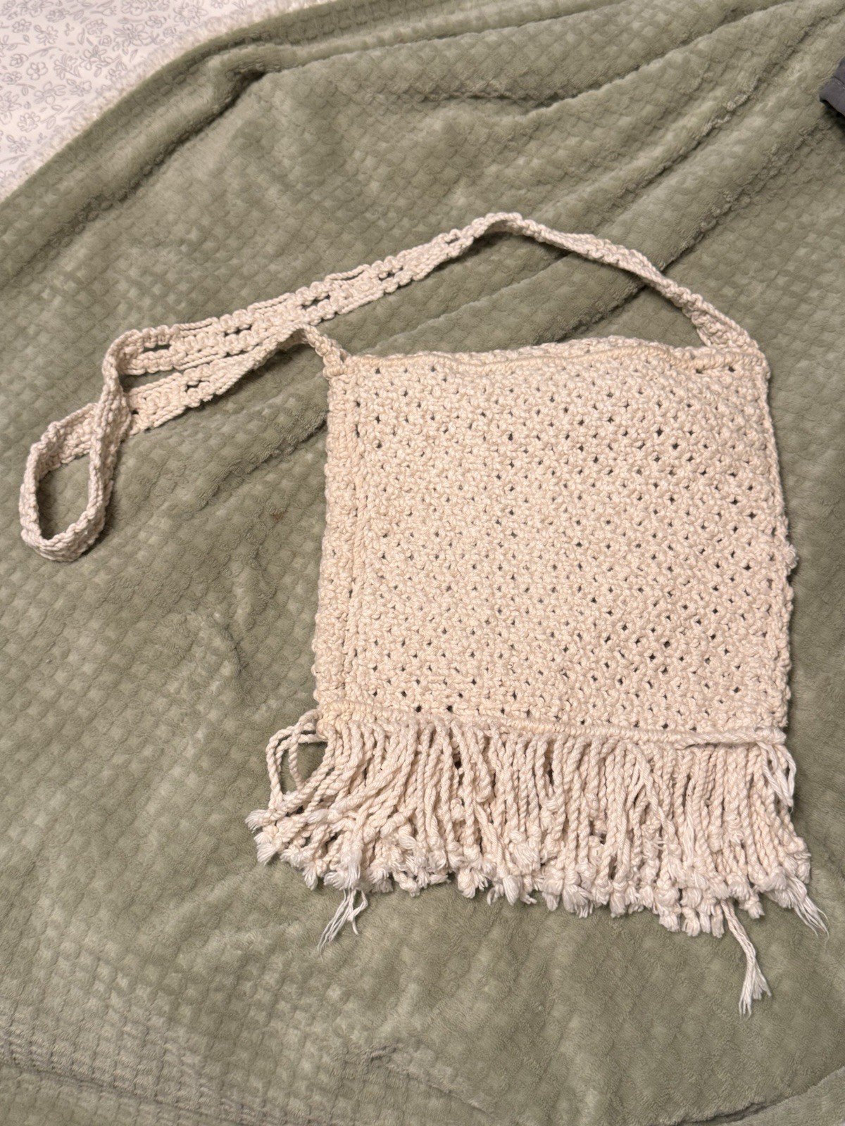 Handmade Boho Crochet Crossbody Bag Cream Fringe Cotton Hippie Festival Purse