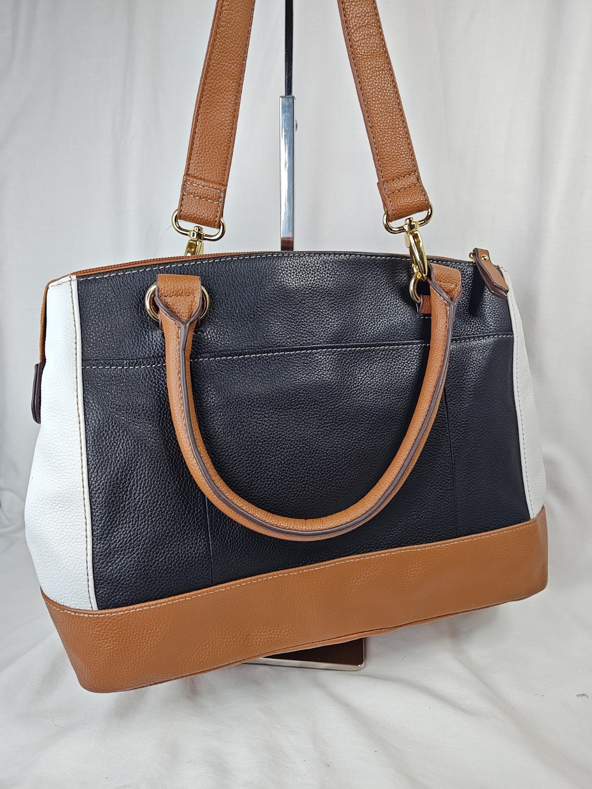 Tignanello All Day Long Convertible Satchel Bag Black White NWT Leather Purse