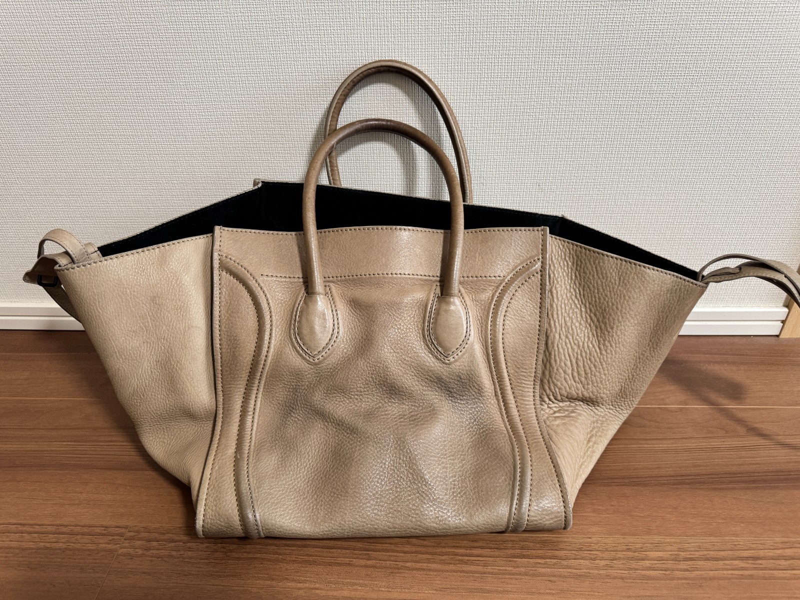 CELINE Luggage Phantom Tote Bag Handbag Shoulder Bag Leather Greige Authentic JP