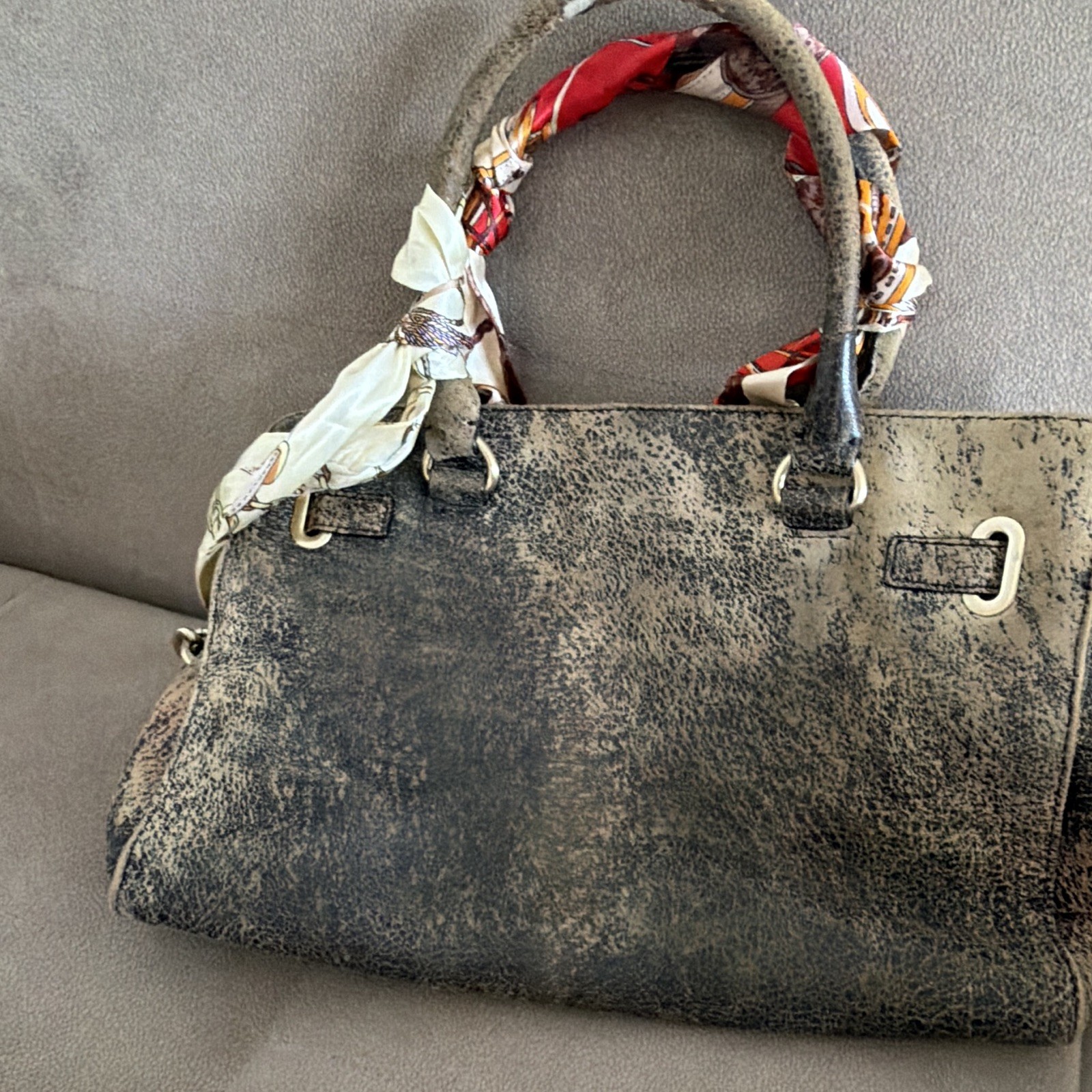 Michael Kors Women’s Large Distressed Logo Satchel Top Handle, Gray/Beige
