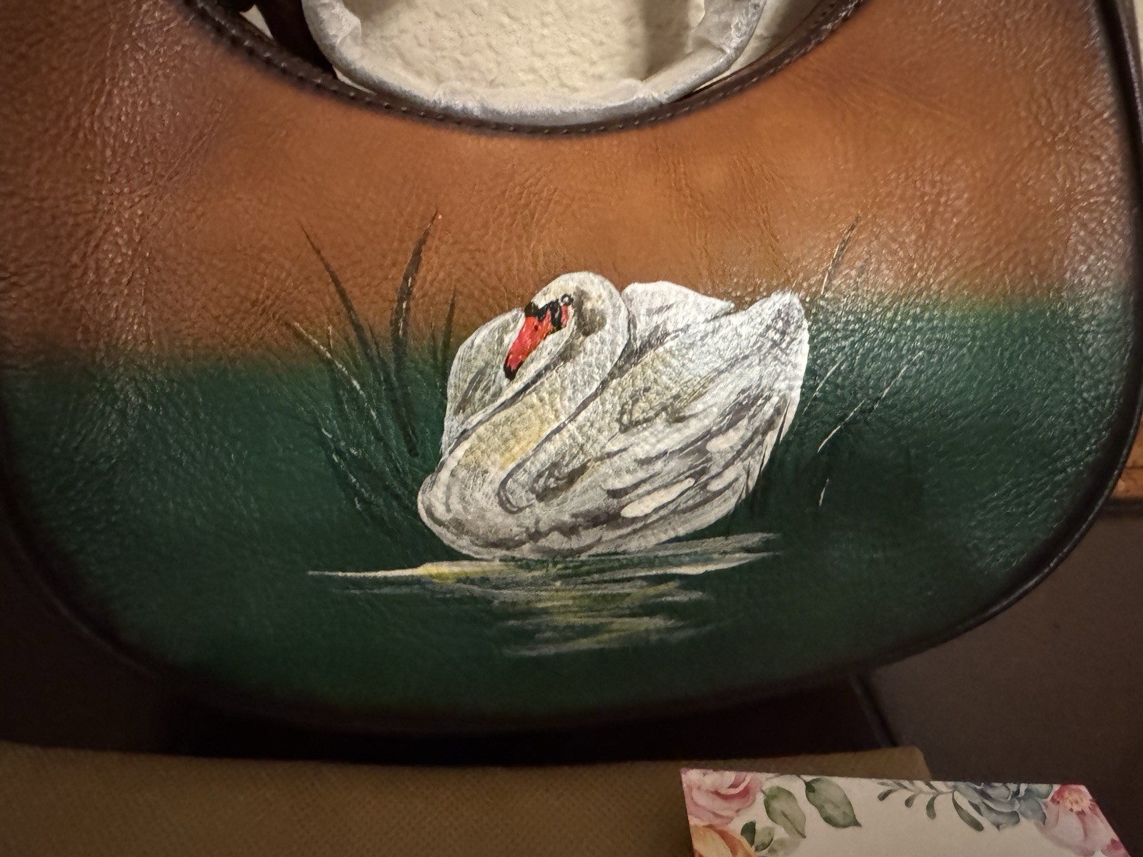 LRTO Leather Hand Painted Swan Green /Brown Satchel Shoulder Handbag w/ Coin Bag