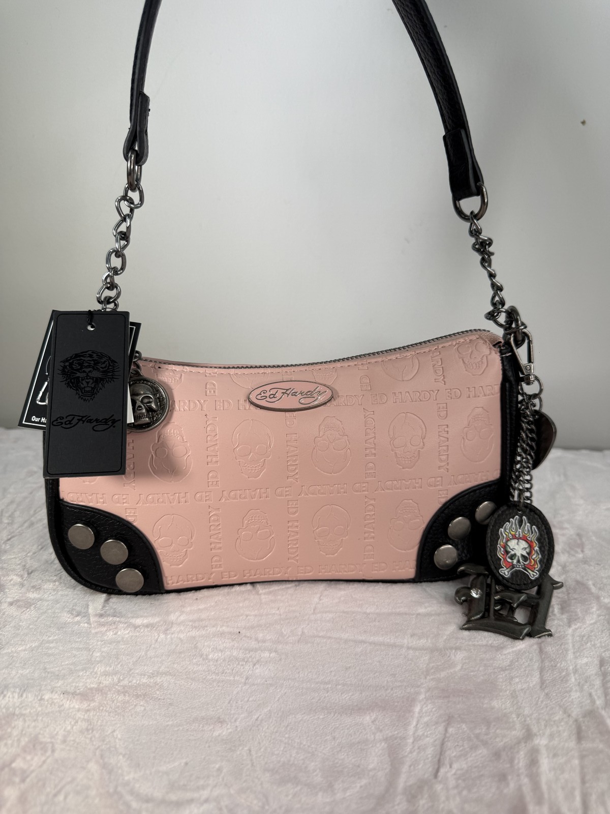 Ed Hardy Crossbody Bag Pink Embossed Black Trim