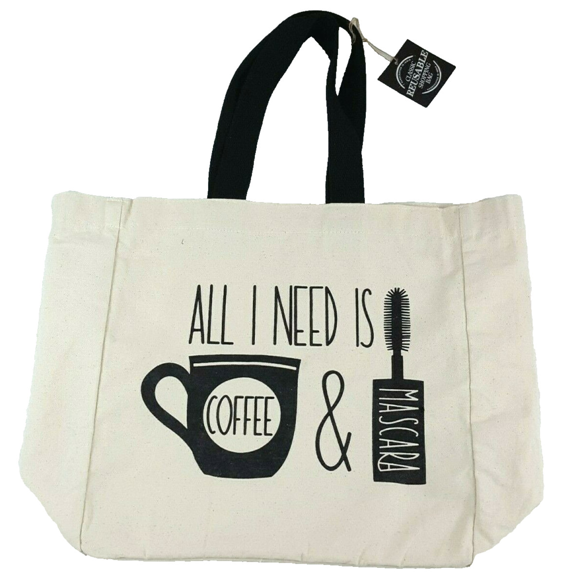 2pc Set Oversized Canvas Tote Bag Novelty Coffee Mascara Zip Pouch Black Natural