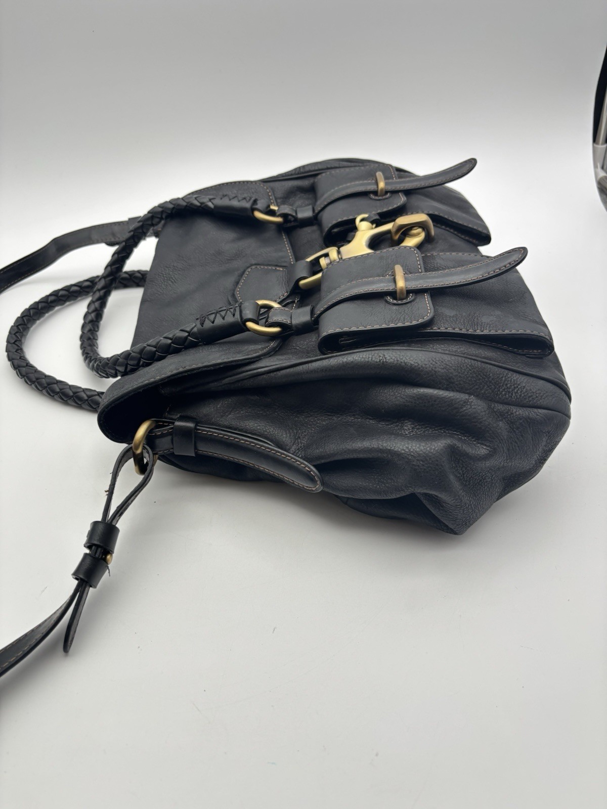 Francesco Biasia Shoulder Bag Leather Braided Handles Buckle Pockets Crossbody