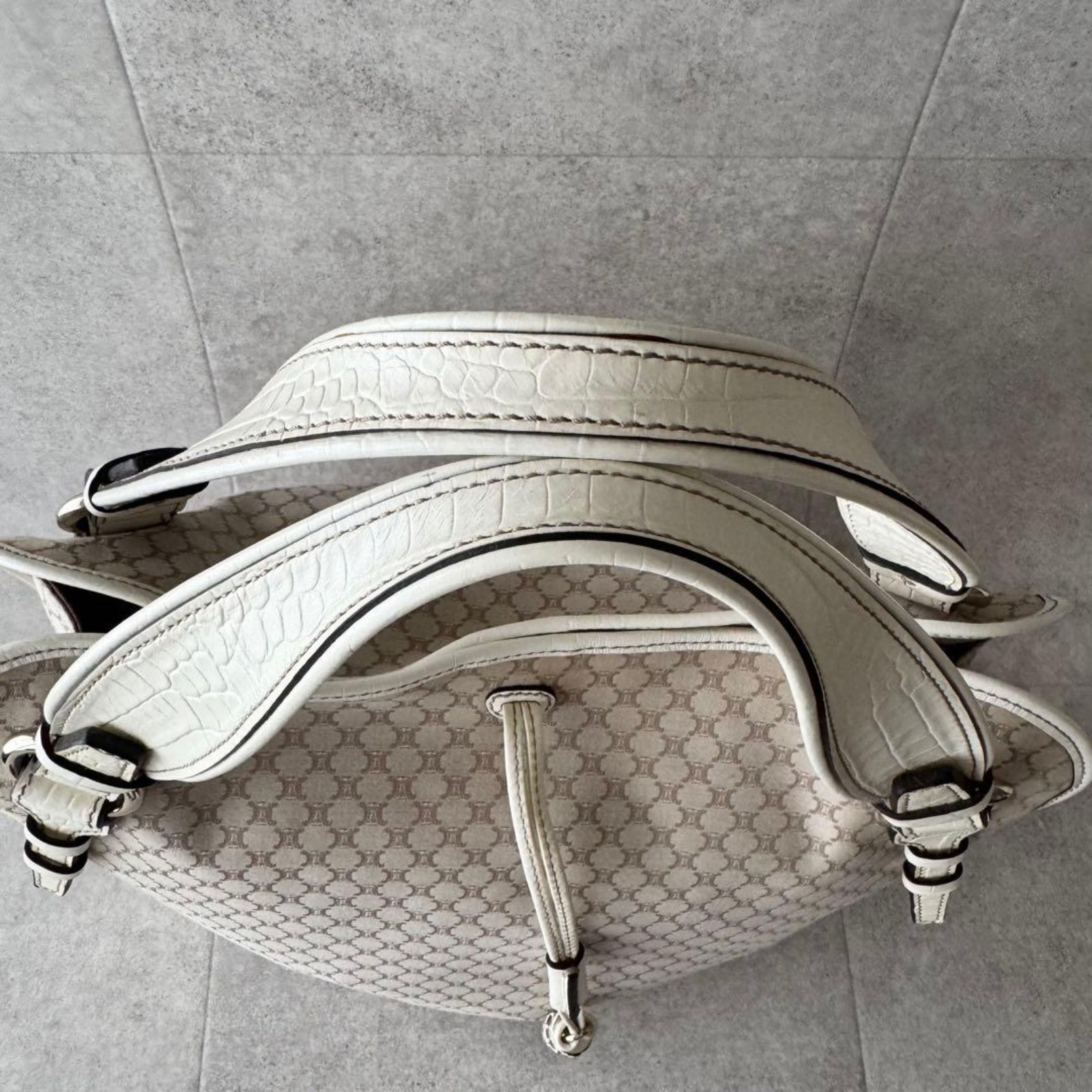 CELINE Bittersweet Tote Bag Macadam Canvas Croc Embossed Leather Ivory Beige