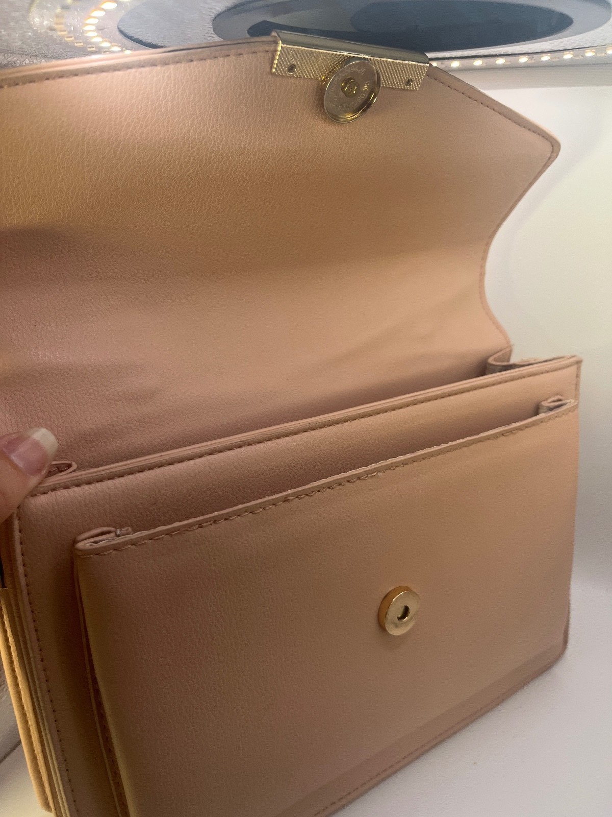 Miztique Structured Top Handle Handbag with Gold Chain Detail Light Beige Pink