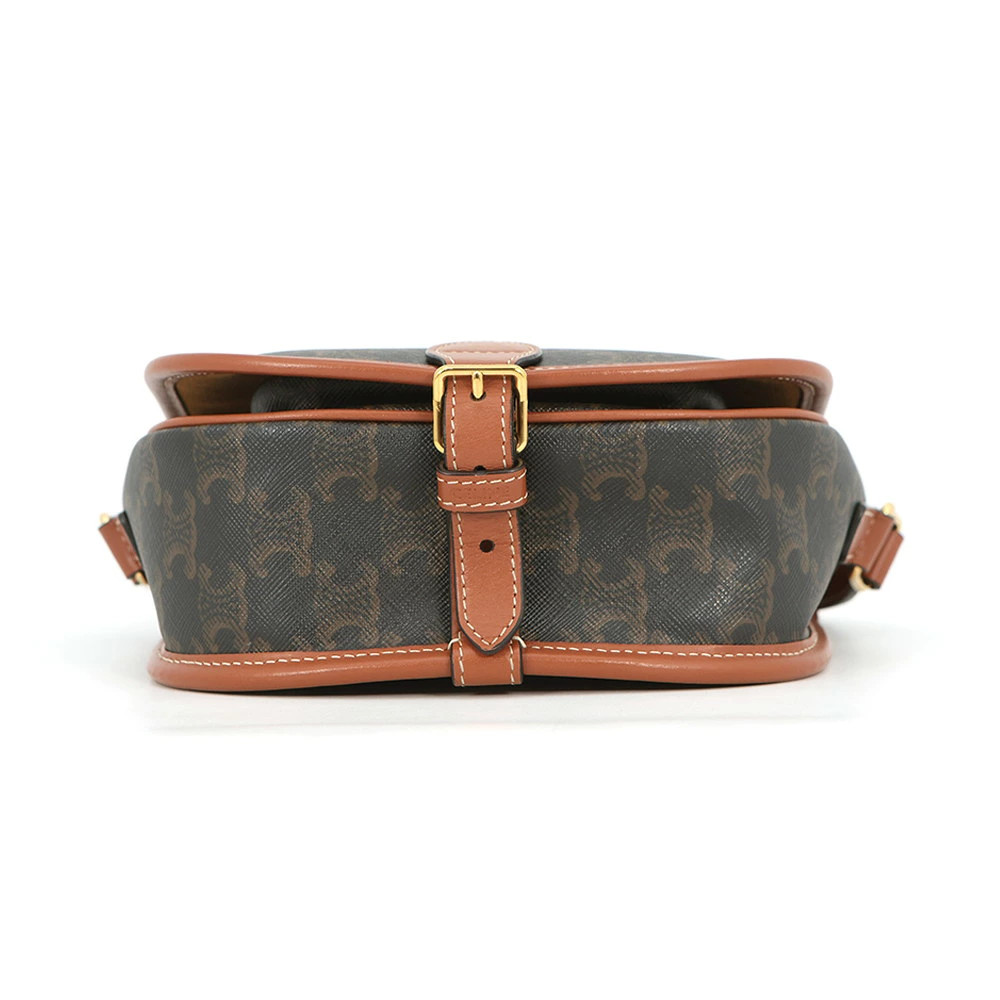 Celine Triomphe Folco Medium Leather 191502BZJ.04LU Shoulder Bag Tan #TZB1415