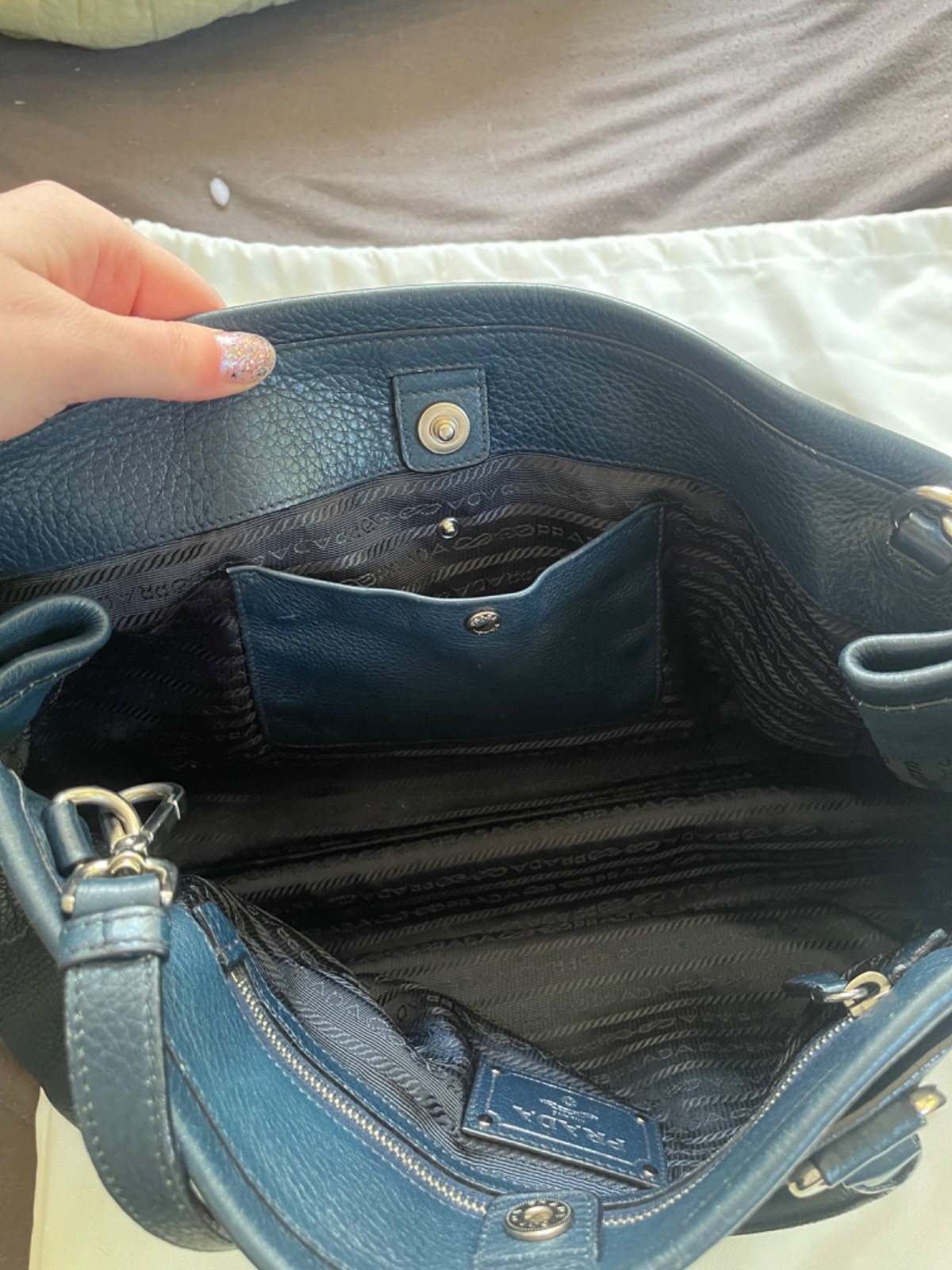Genuine Prada Vitello Daino blue leather shoulder bag with silver hardware
