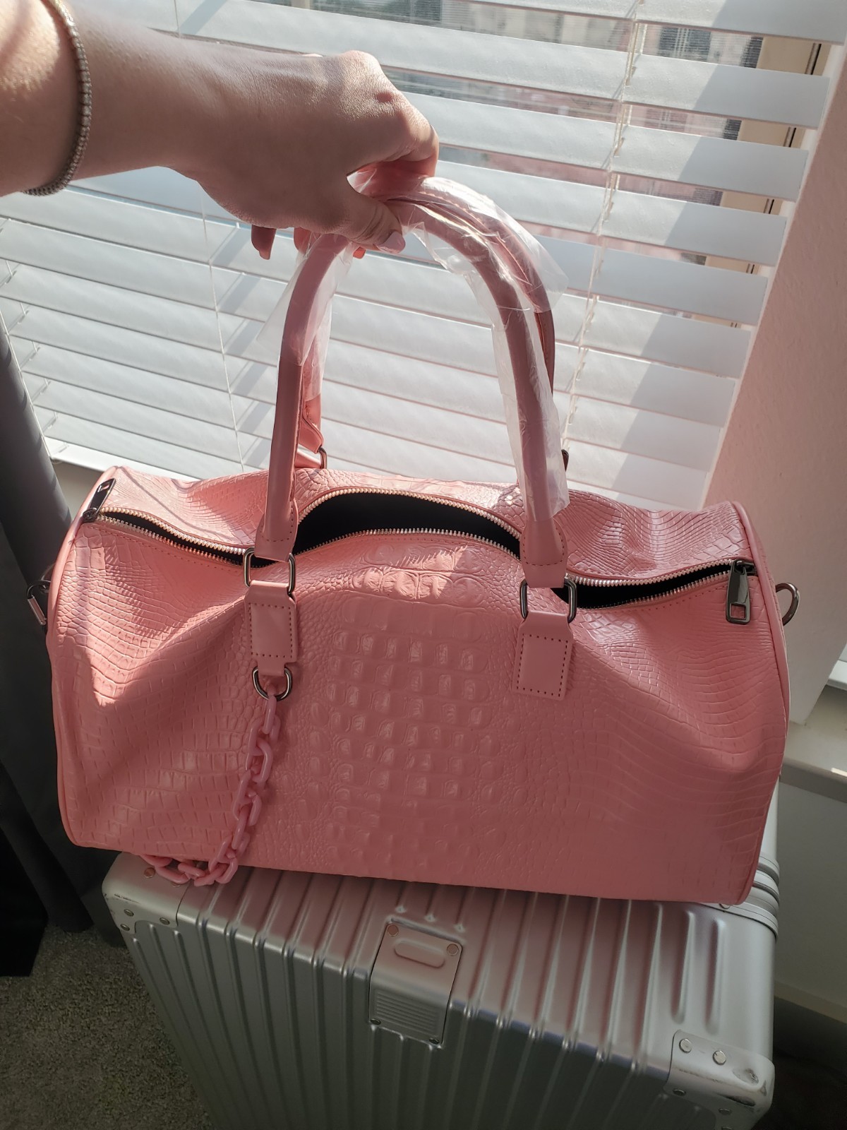 Privata Pink Crocodile Embossed Duffle Bag Chain Accent Brand Card