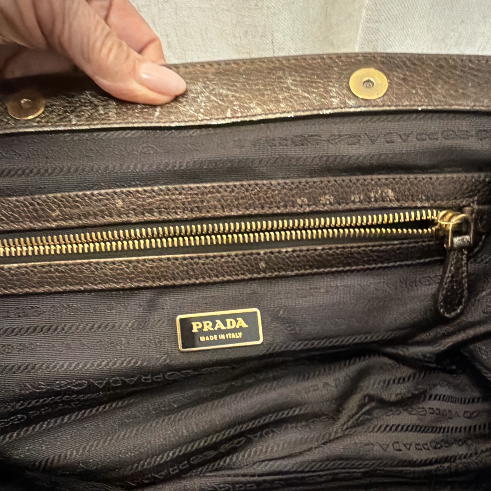 PRADA Brown Pebbled Satchel Top Handle Double Handles Zip Logo Bag Charm