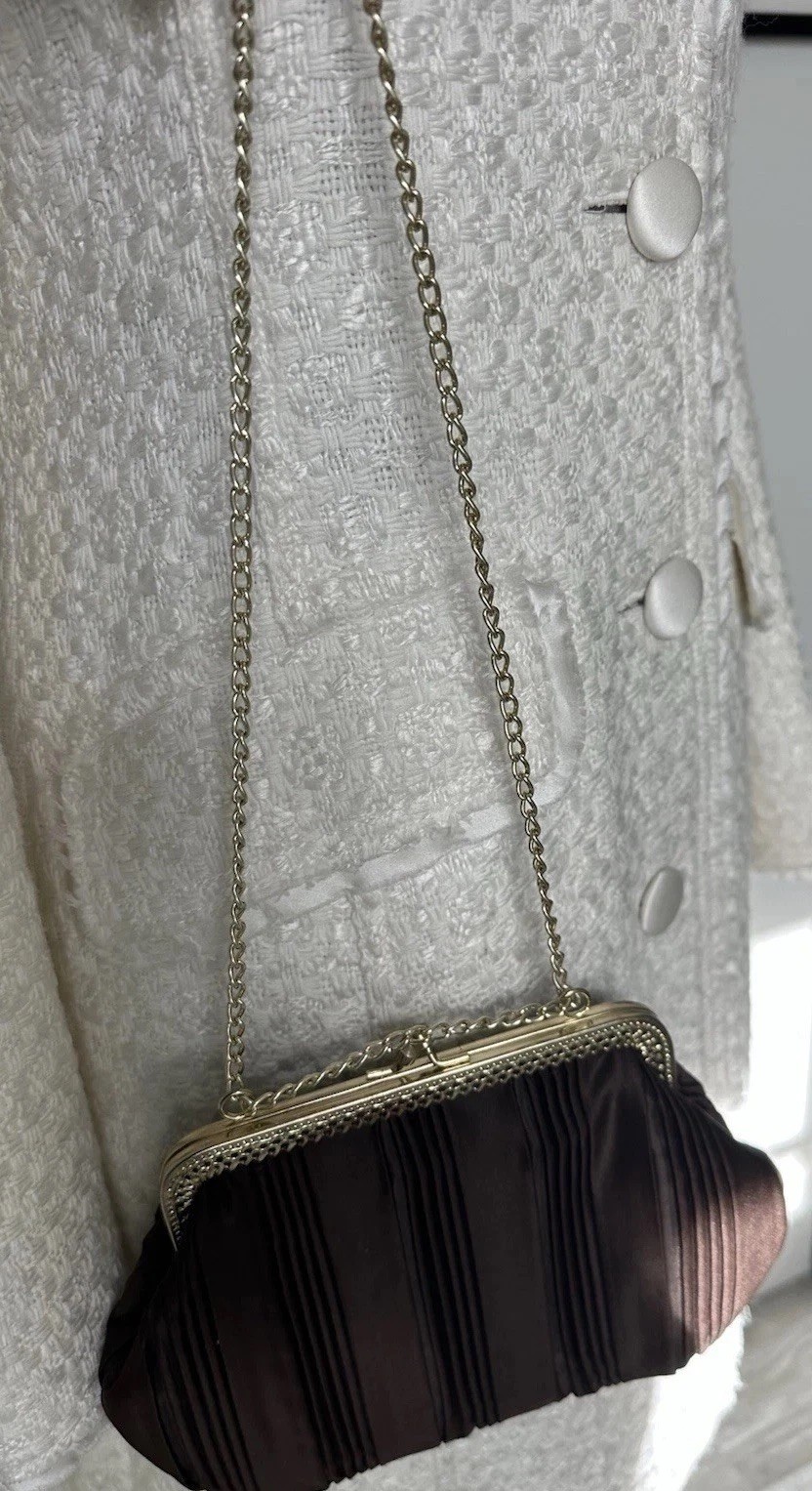 Vintage La Regale Clutch Brown Pleated Kisslock Evening Bag Gold Chain Strap