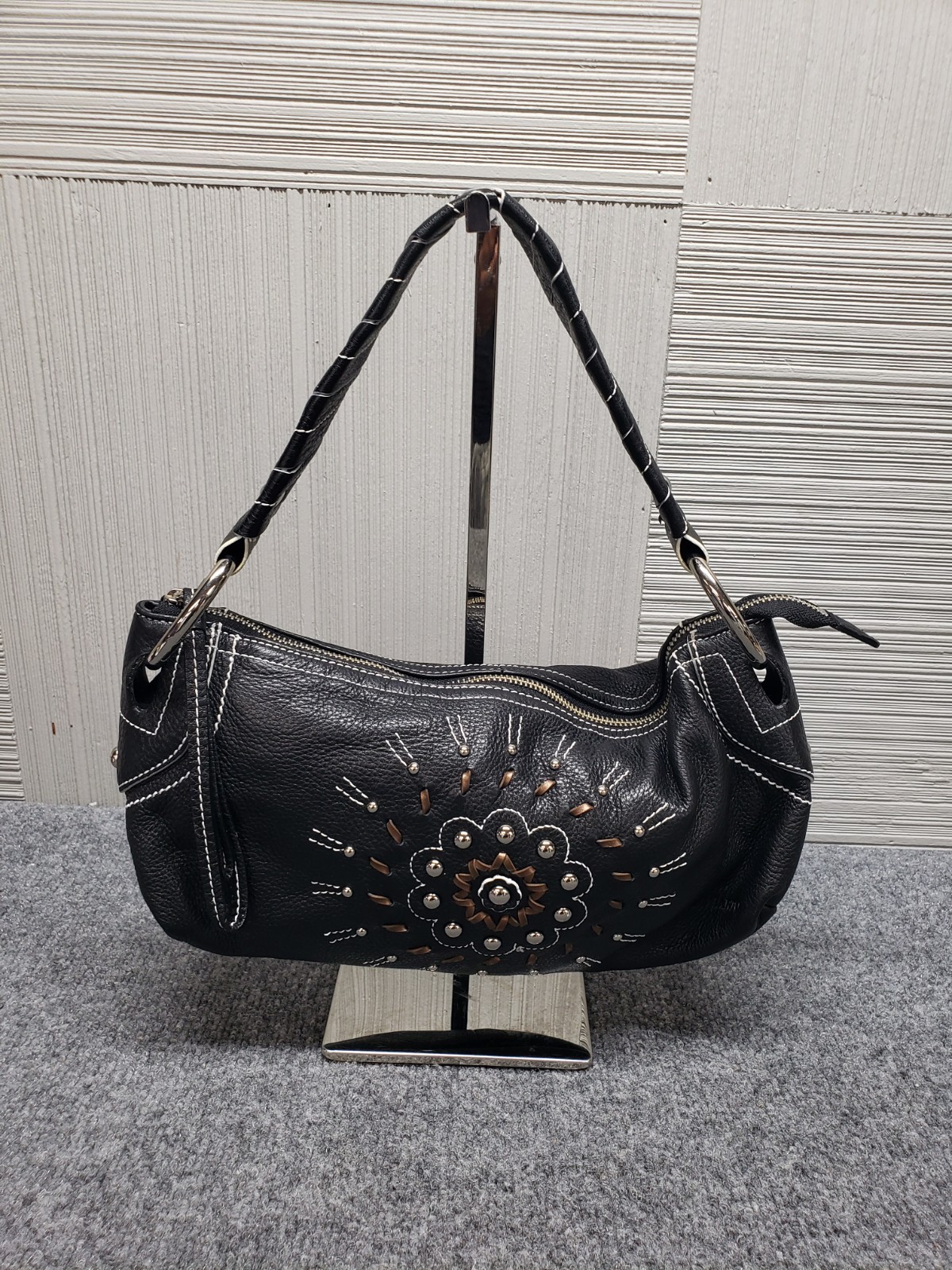 Franco Sarto Women Baguette Pebble Leather Bag Black Western Embroidered Studded