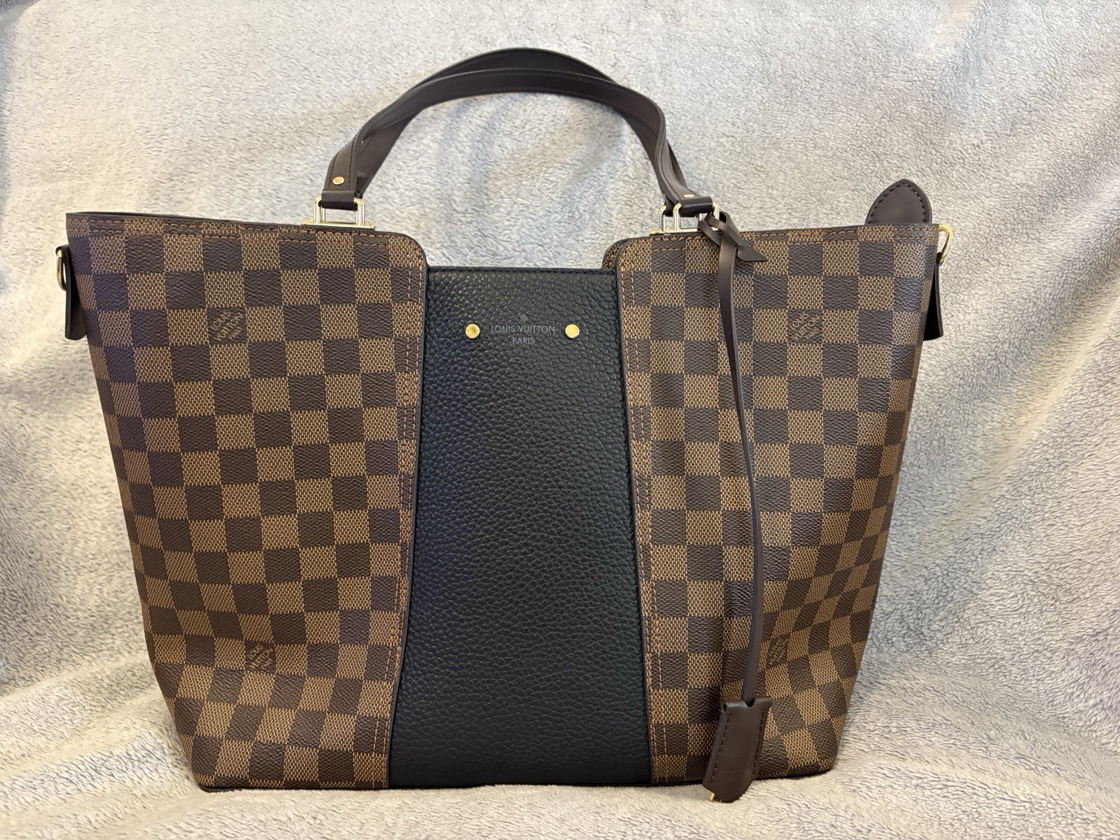 LOUIS VUITTON Damier Ebene And Taurillon Leather Jersey Black Tote Shoulder Bag
