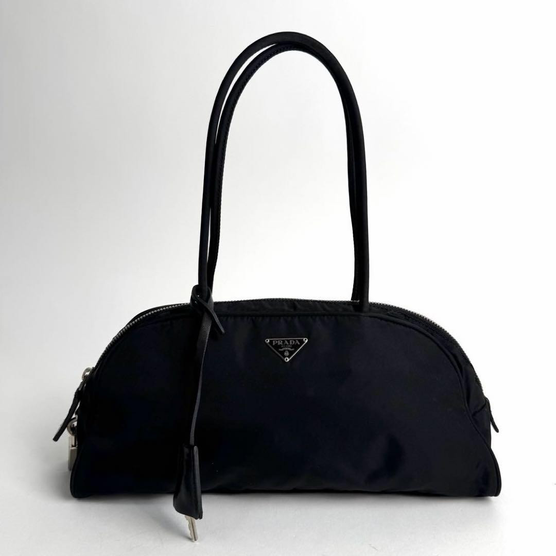 PRADA Triangle Logo Tessuto Nylon Mini Boston Bowling Bag Black Y2K Auth 277