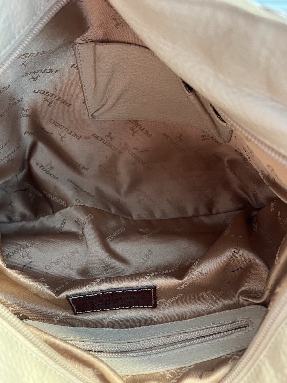 PETUSCO Shoulder Bag Leather Ivory/Brown Horse Logo Silver Hdwre Made in Spain
