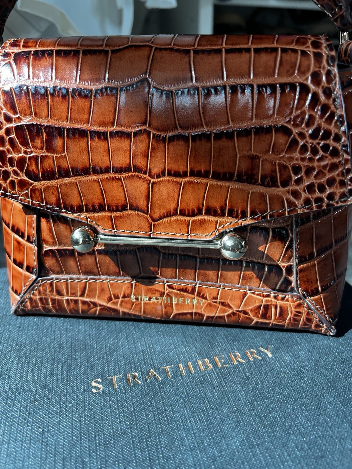 Strathberry Mosaic Nano Brown Croc Embossed Top Handle + Crossbody Strap