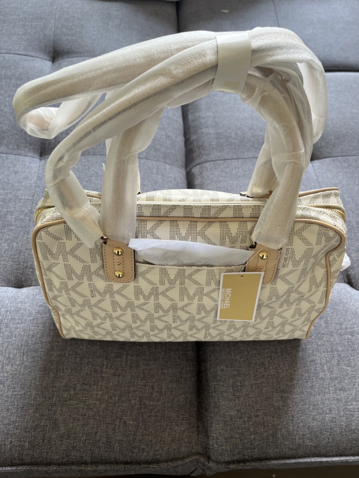 MICHAEL Michael Kors beige signature PVC and leather mini luggage satchel