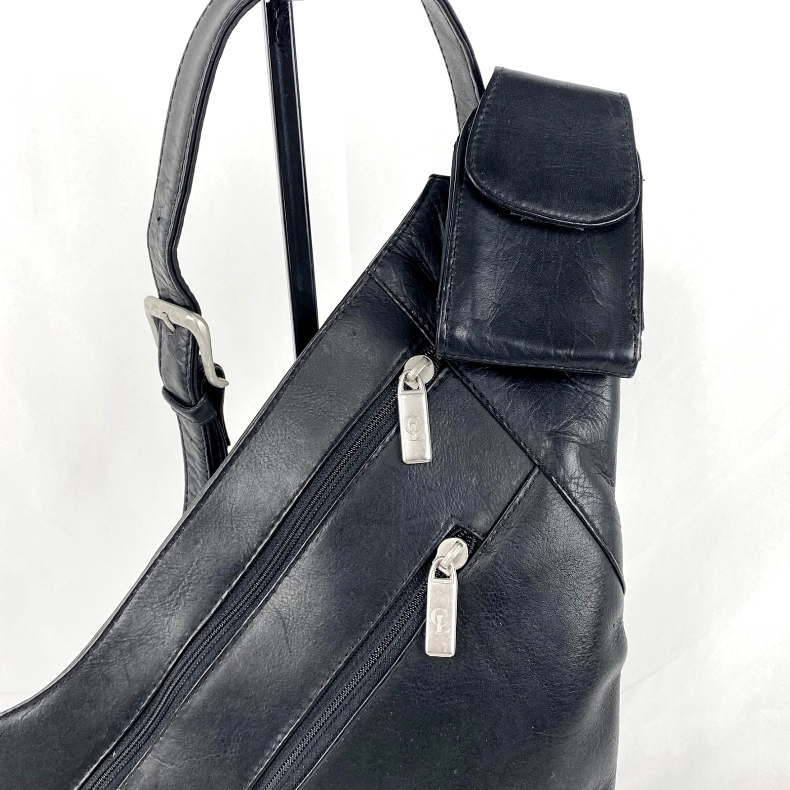 Santini Black Leather Sling Backpack Purse Thick Supple Leather Deluxe Satchel
