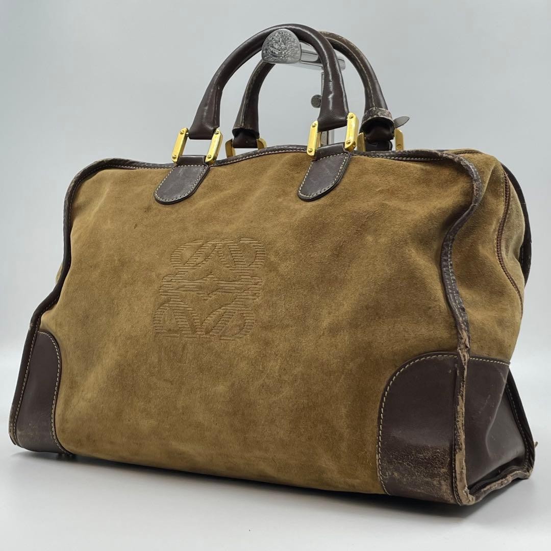 LOEWE Amazona Boston Bag Brown Suede Leather Large Travel Hand Bag Vintage