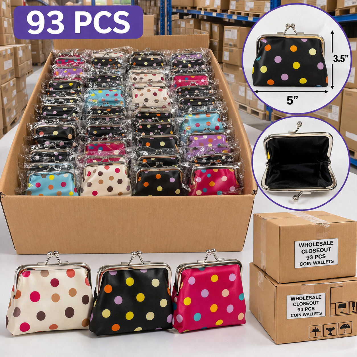 Closeout Wholesale Lot 93 Coin Purses Polka Dot Kiss Clasp Wallets Mixed Colors