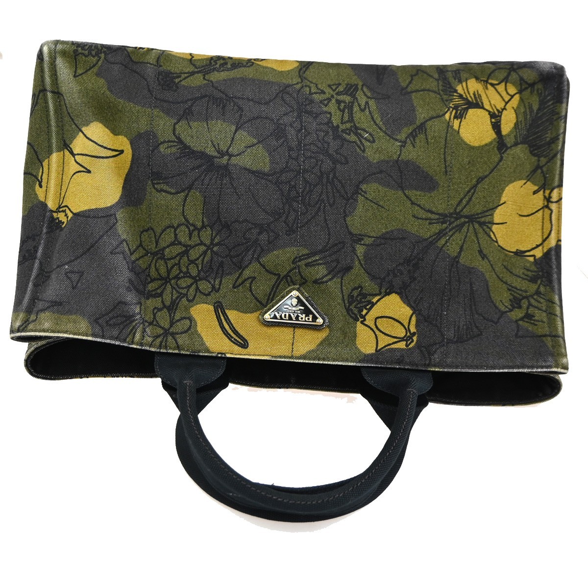 PRADA Plate Logo Canapa Hand Bag Canvas Camouflage Green 83TA399